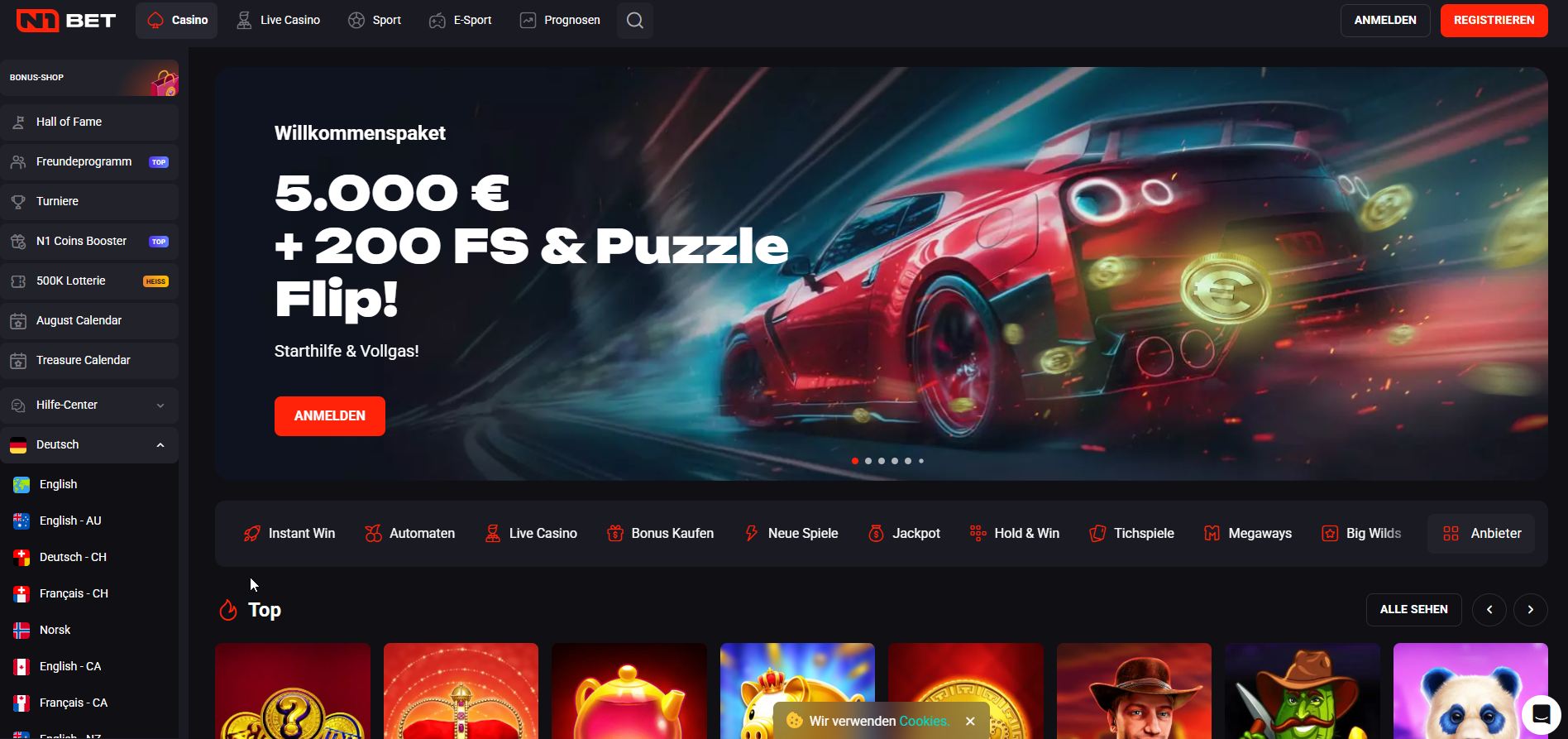Der Zielstrich ist bereits durchbrochen: N1Bet inszeniert seine Homepage wie das Podium eines Weltmeisters, umgeben von goldenen Trophäen und messerscharfen Sportquoten