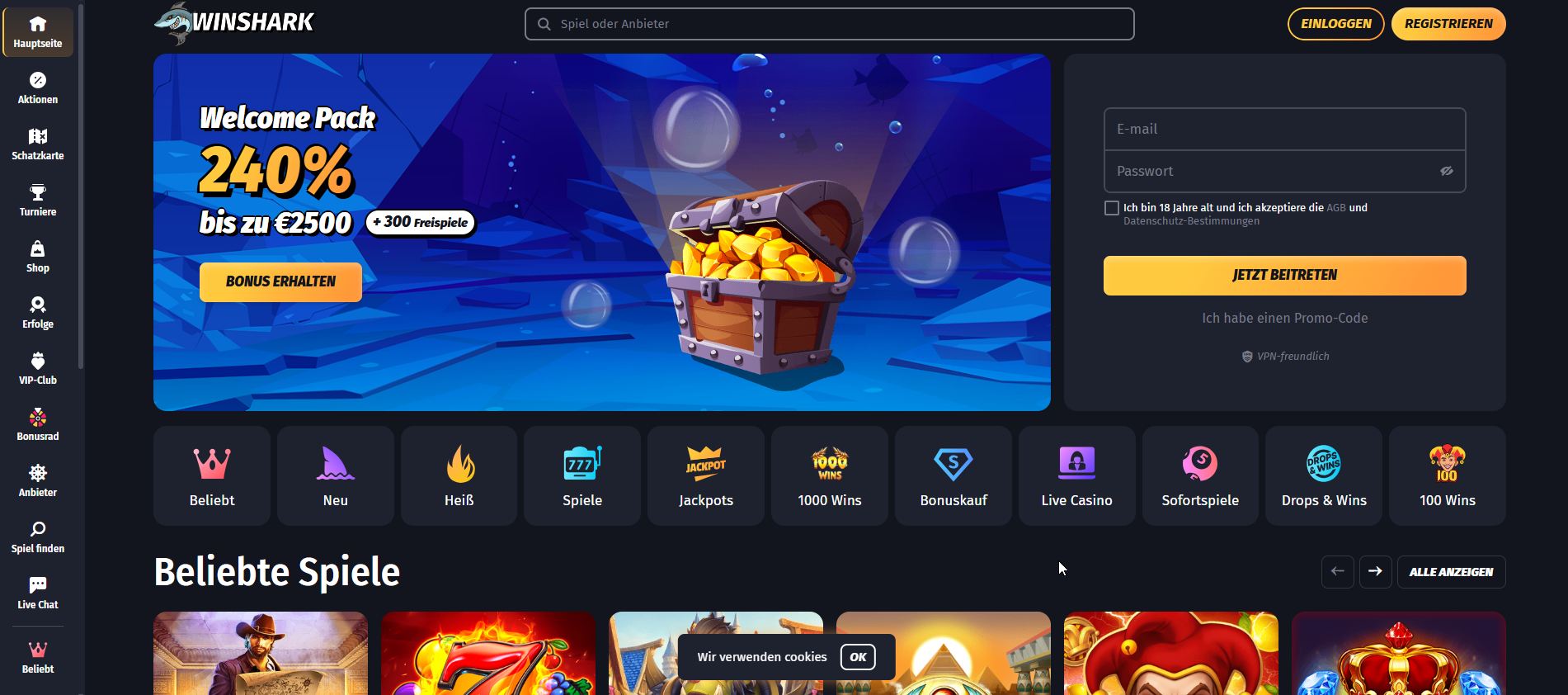 Eine Forschungsstation in der Tiefsee: Winshark taucht in die dunkelsten Gewässer des Gamings ab, wo die Haifinne im Scheinwerferlicht der Neon-Slots gleitet
